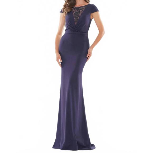 NEW COLORS DRESS cap sleeve beaded illusion gown in navy